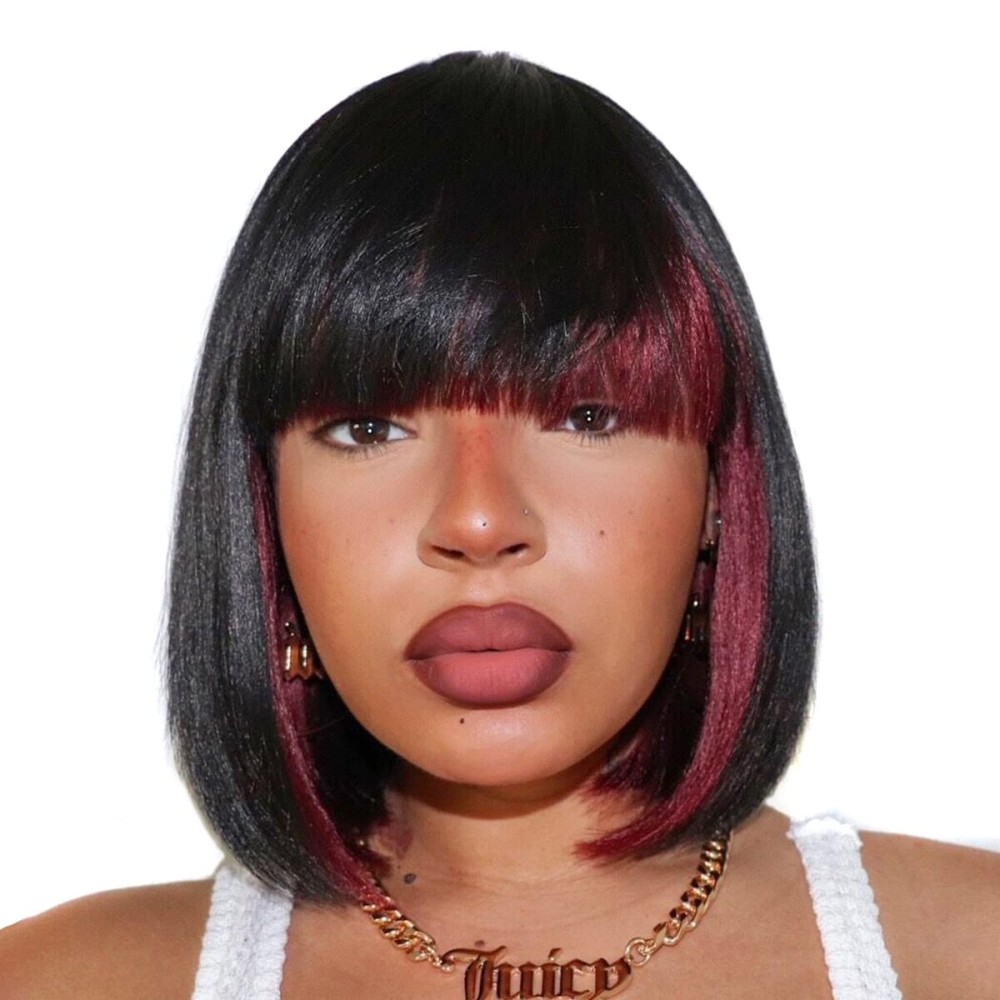 ToyoTress Black Mix Burgundy Bob Wig With Bangs - 12 Inch Short Bob Wig With Bangs For Black Women Daily Costume, Light Yaki Straight Synthetic Hair Wigs (12 Inch, SH/Burg-612H)