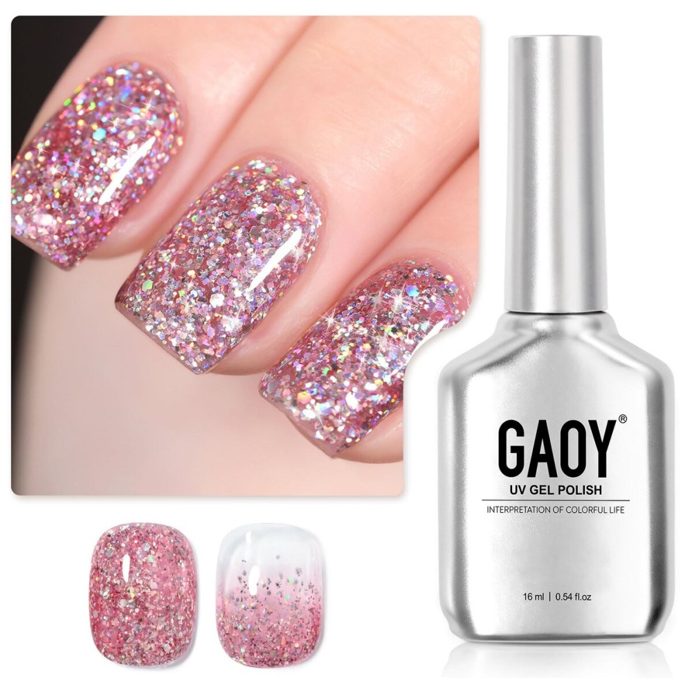 GAOY Glitter Gel Nail Polish, 16ml Pink Sparkly Gel Polish, Diamond Shiny Soak Off Glitter UV Light Cure for Nail Art, 1125 Pink Bloosms