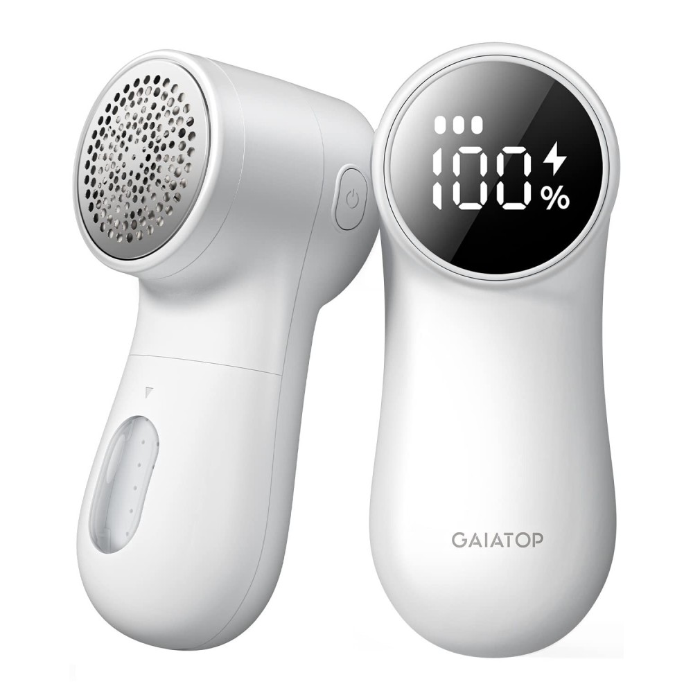 GAIATOP Fabric Shaver Rechargeable Lint Remover 3 Speeds Sweater Defuzzer, Cute Digital Screen Large Storage 6-Leaf Blades, Fuzz Pills Bobbles Trimmer for Clothes Furniture Bedclothes White 1 pcs