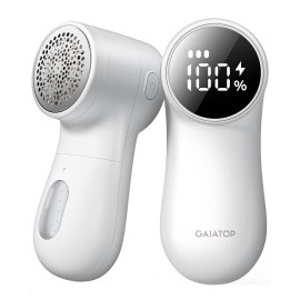 GAIATOP Fabric Shaver Rechargeable Lint Remover 3 Speeds Sweater Defuzzer, Cute Digital Screen Large Storage 6-Leaf Blades, Fuzz Pills Bobbles Trimmer for Clothes Furniture Bedclothes White 1 pcs