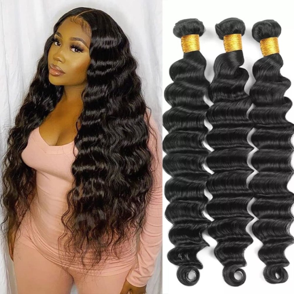 Loose Deep Bundles Human Hair, 3 Bundles Human Hair 20 22 24 Inch, 100% Unprocessed Brazilian Virgin Deep Wave Bundles, Natural Color for Black Women Hair Weave Extensions