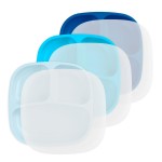 Re-Play Toddler Plates with Dividers - Deep-Walled 3 Compartments Divided Plates for Kids with 3 Lids - Dishwasher & Microwave Safe - Made in USA - Set of 3-7.37 x 7.37 x 1.25 - Bluesy