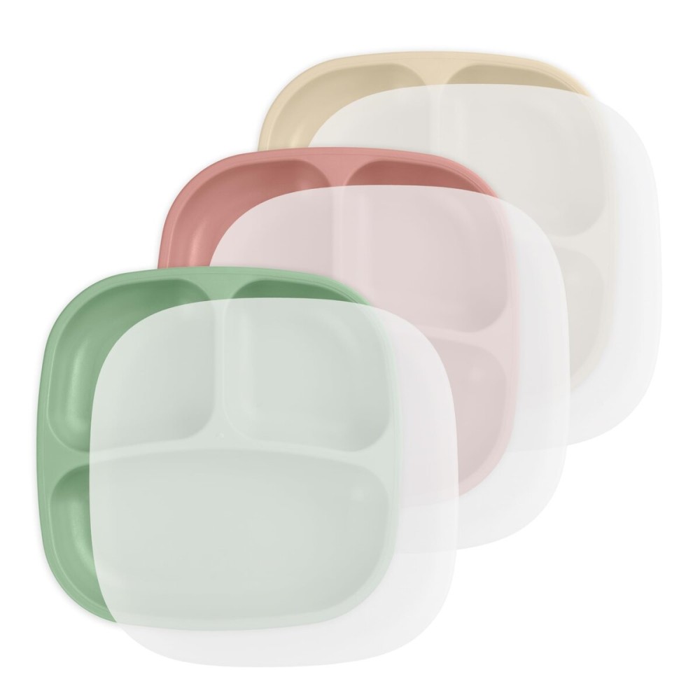 Re-Play Toddler Plates with Dividers - Deep-Walled 3 Compartments Divided Plates for Kids with 3 Lids - Dishwasher & Microwave Safe - Made in USA - Set of 3-7.37 x 7.37 x 1.25 - Desert Sands