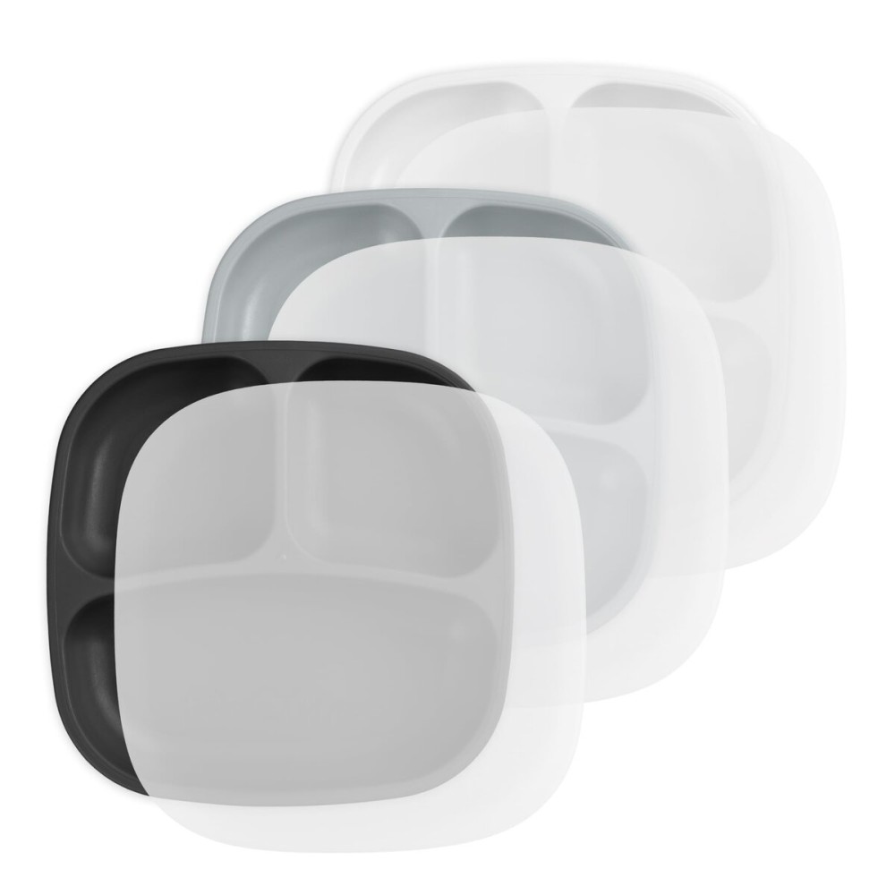 Re-Play Toddler Plates with Dividers - Deep-Walled 3 Compartments Divided Plates for Kids with 3 Lids - Dishwasher & Microwave Safe - Made in USA - Set of 3-7.37 x 7.37 x 1.25 - Monochrome