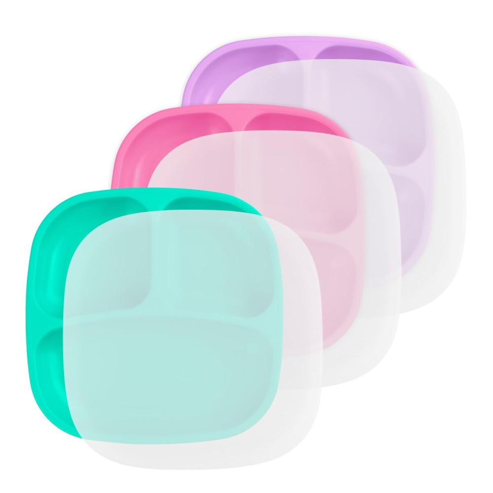 Re-Play Toddler Plates with Dividers - Deep-Walled 3 Compartments Divided Plates for Kids with 3 Lids - Dishwasher & Microwave Safe - Made in USA - Set of 3-7.37 x 7.37 x 1.25 - Sparkle