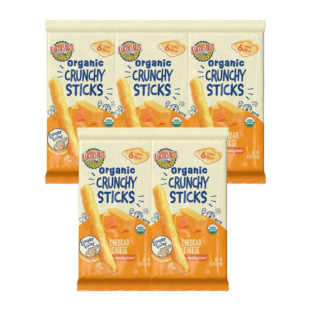 Earth\'s Best Organic Baby Food, Dissolvable Teething Snack for Babies 6 Months and Older, Cheddar Cheese Crunchy Sticks, .56 oz Pack (Pack of 5)