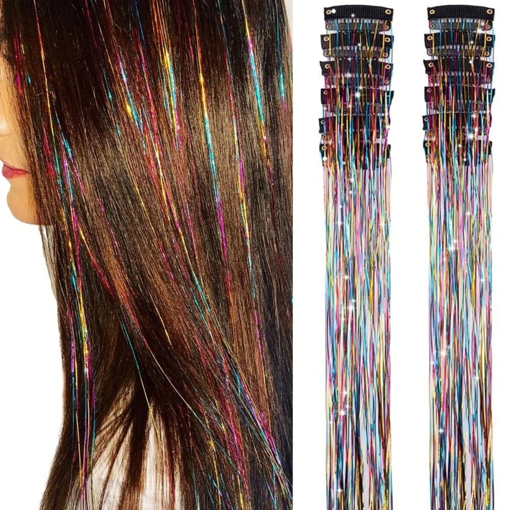 Rainbow Hair Tinsel Pack of 12 Pcs Clip in Hair Tinsel 20 Inch Glitter Tinsel Hair Extensions, Festival Tinsel Fairy Hair Extension Party Dazzle Hair Accessories Strands Kit (12Pcs,Rainbow)