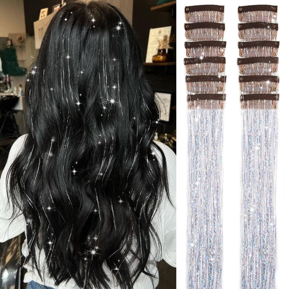 Hair Tinsel Pack of 12 Pcs 20 Inch Glitter Silver Clip in Tinsel Hair Extensions, Party Dazzle Hair Accessories Strands Kit (20 Inch 12Pcs,Silver)