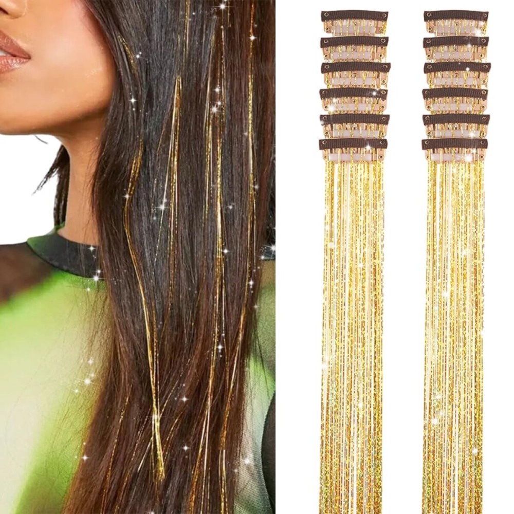 Gold Hair Tinsel Pack of 12 Pcs Clip in Hair Tinsel 20 Inch Glitter Tinsel Hair Extensions, Festival Tinsel Fairy Hair Extension Party Dazzle Hair Accessories Strands Kit (12Pcs,Gold)