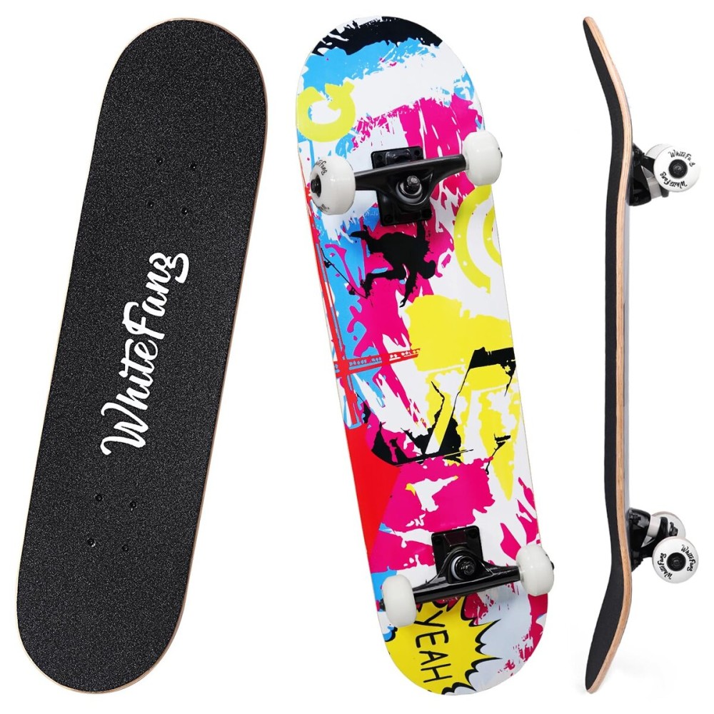 WhiteFang Skateboards for Beginners, Complete Skateboard 31 x 7.88, 7 Layer Canadian Maple Double Kick Concave Standard and Tricks Skateboards for Kids and Beginners (Pink Fantasy)