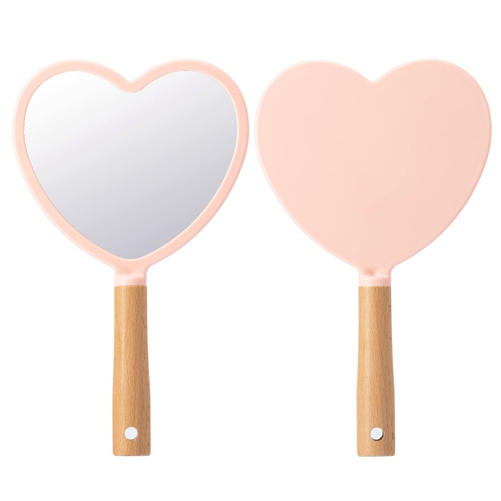 YEAKE Hand Held Mirror with Handle for Makeup,Small Cute Wood Hand Mirror for Shaving with Hole Hanging Single-Sided Portable Travel Vanity Mirror for Men&Women(Heart,Pink,1Pack)
