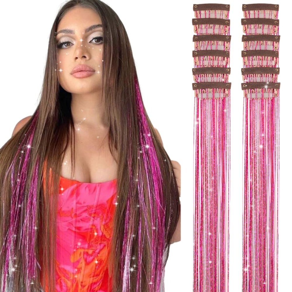 Hair Tinsel Pack of 12 Pcs Clip in Hair Tinsel 20 Inch Glitter Rose Red Tinsel Hair Extensions, Festival Tinsel Fairy Hair Extension Party Dazzle Hair Accessories Strands Kit (12Pcs,Rose Red)