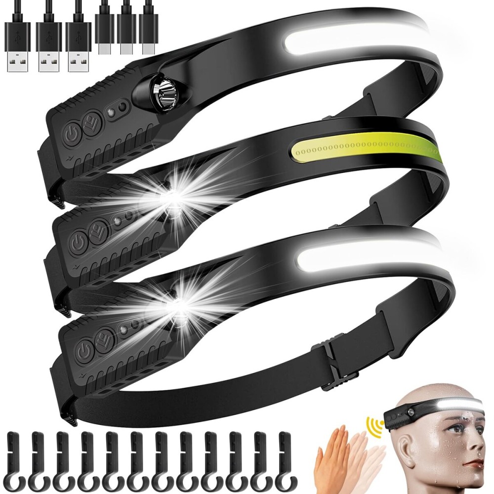 najiaxiaowu Rechargeable LED Headlamp 3 Packs,COB230 Wide Light Headlamp, 5 Modes of Lightweight Headlamps with Motion Sensors, Type-C USB Charging Headlamps,Suitable for Night Running