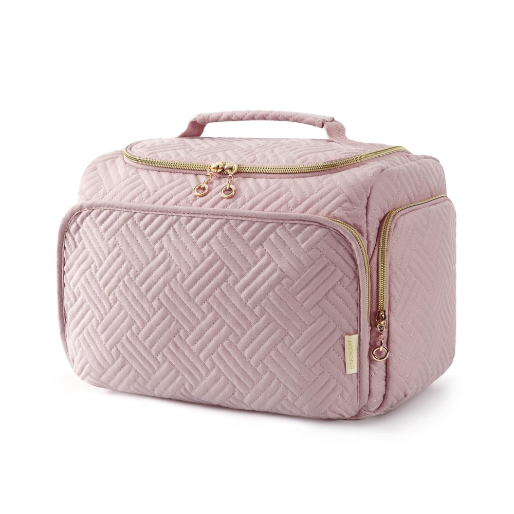 BAGSMART Travel Toiletry Bag, Large Wide-open Makeup Cosmetic Travel Bag for Toiletries with Handle, Pink-L