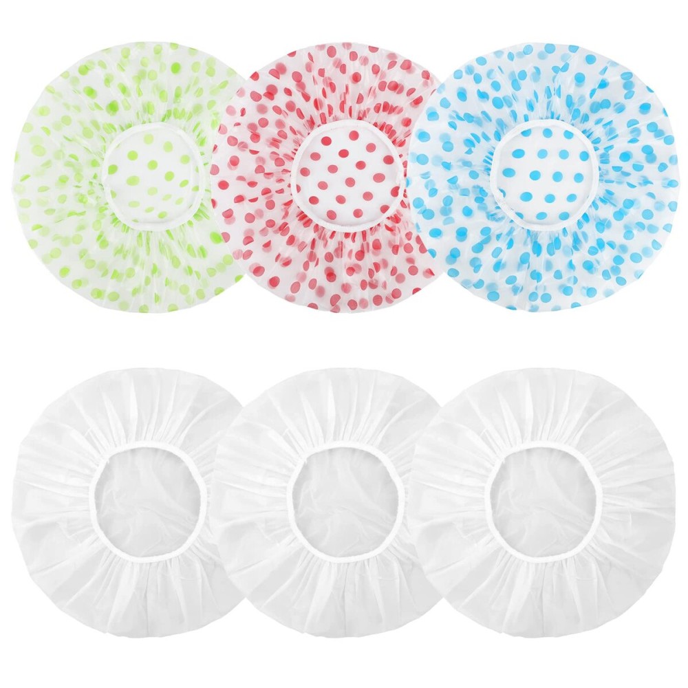 6 Pcs Shower Caps, Waterproof Bath Caps Plastic Reusable Shower Caps Elastic Band Bath Hair Caps for Women Kids