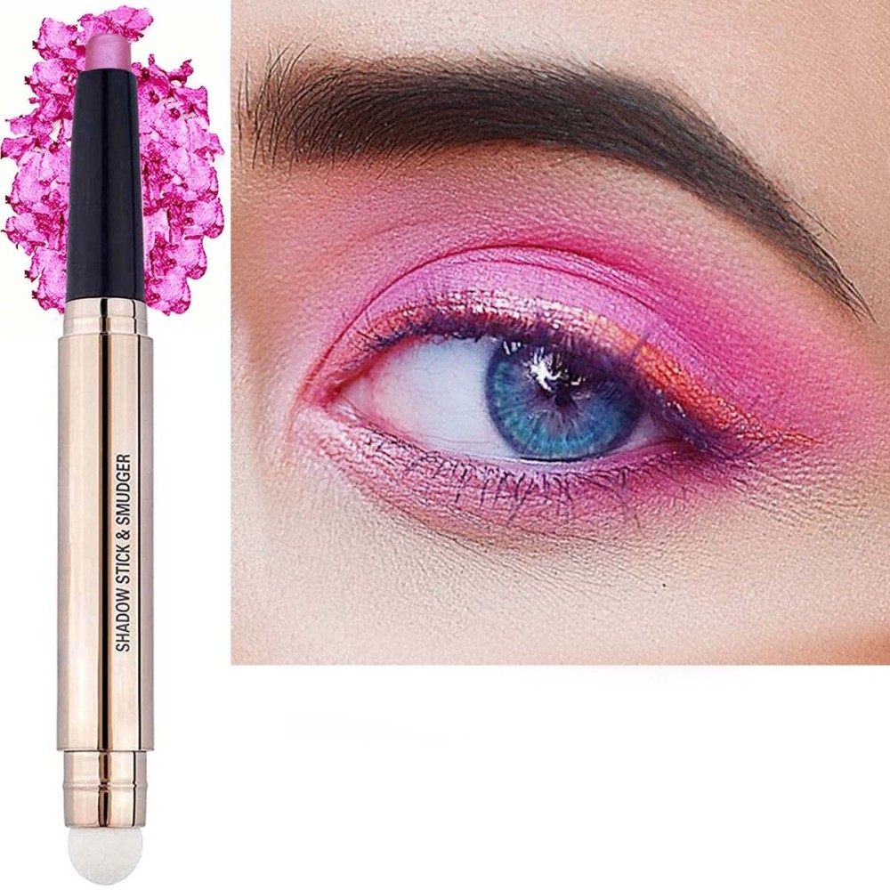 2 in 1 Eyeshadow Stick - Cream Smooth Shimmer Hot Pink Eyeshadow Pencil, Hypoallergenic Waterproof Long Lasting Multi-Dimensional Eye Shadow Highlighter Stick Makeup Eyeliner Pen (Shimmer 13)