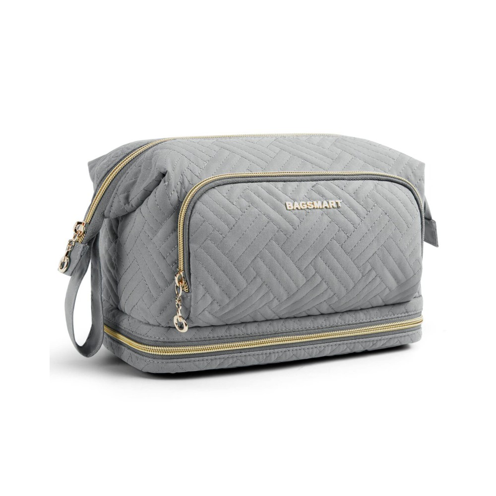BAGSMART Travel Makeup Bag, Cosmetic Bag Make Up Organizer Case, Large Wide-open Pouch for Women Double Layers Purse for Toiletries Accessories Brushes Greey