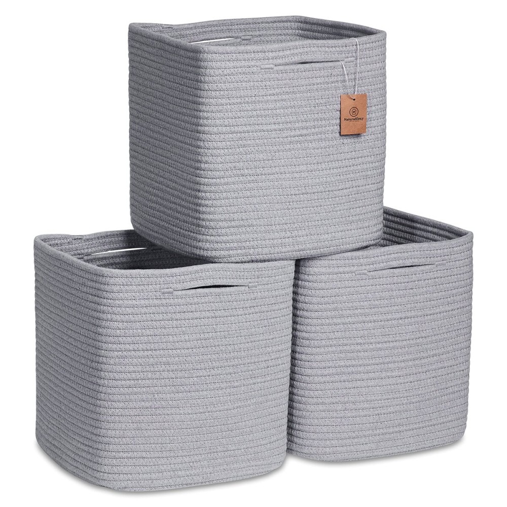 NaturalCozy Storage Cubes 11 Inch Cotton Rope Woven Baskets for Organizing, 3-Pack | Cube Storage Bin | Square Storage Baskets for Shelves Organizer, Classroom, Kids Toy Bins, Closet, Baby Nursery