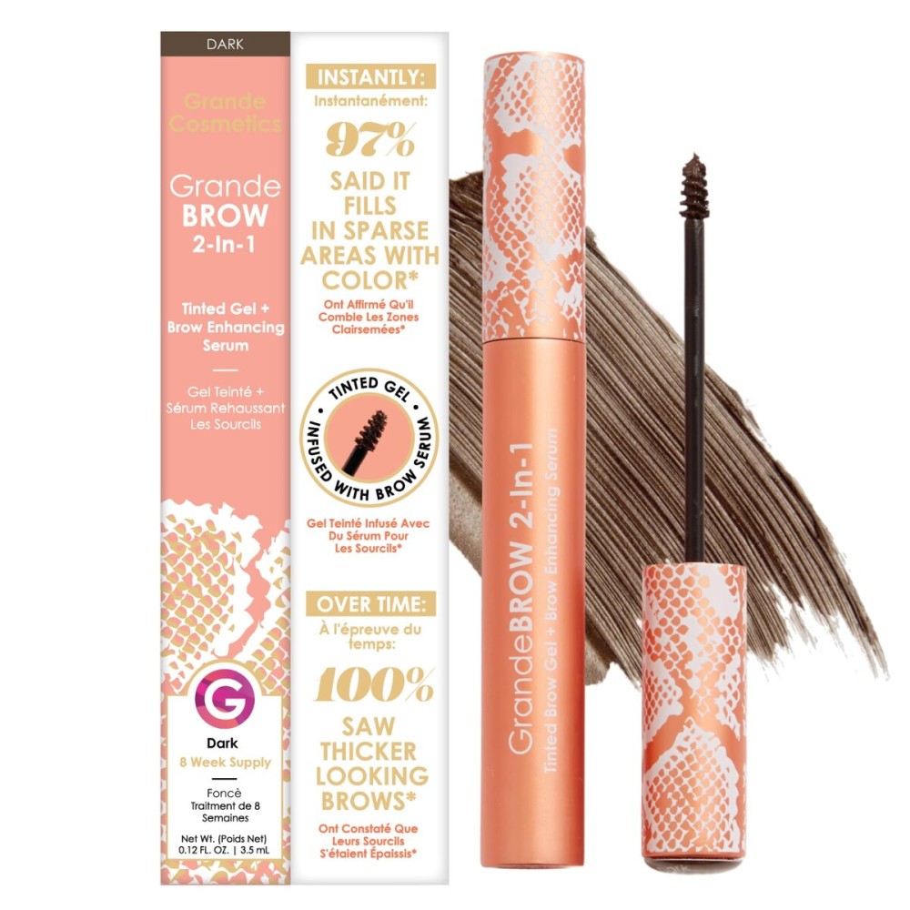 Grande Cosmetics GrandeBROW 2-in-1 Tinted Brow Gel + Brow Enhancing Serum for Thicker & Darker-Looking Eyebrows, Shape & Fill Brows, with Castor Oil & Mini Fibers - Dark, Full Size (0.12 fl oz)