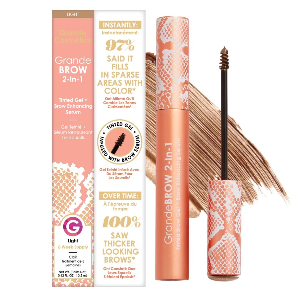 Grande Cosmetics GrandeBROW 2-in-1 Tinted Brow Gel + Brow Enhancing Serum for Thicker & Darker-Looking Eyebrows, Shape & Fill Brows, with Castor Oil & Mini Fibers - Light, Full Size (0.12 fl oz)