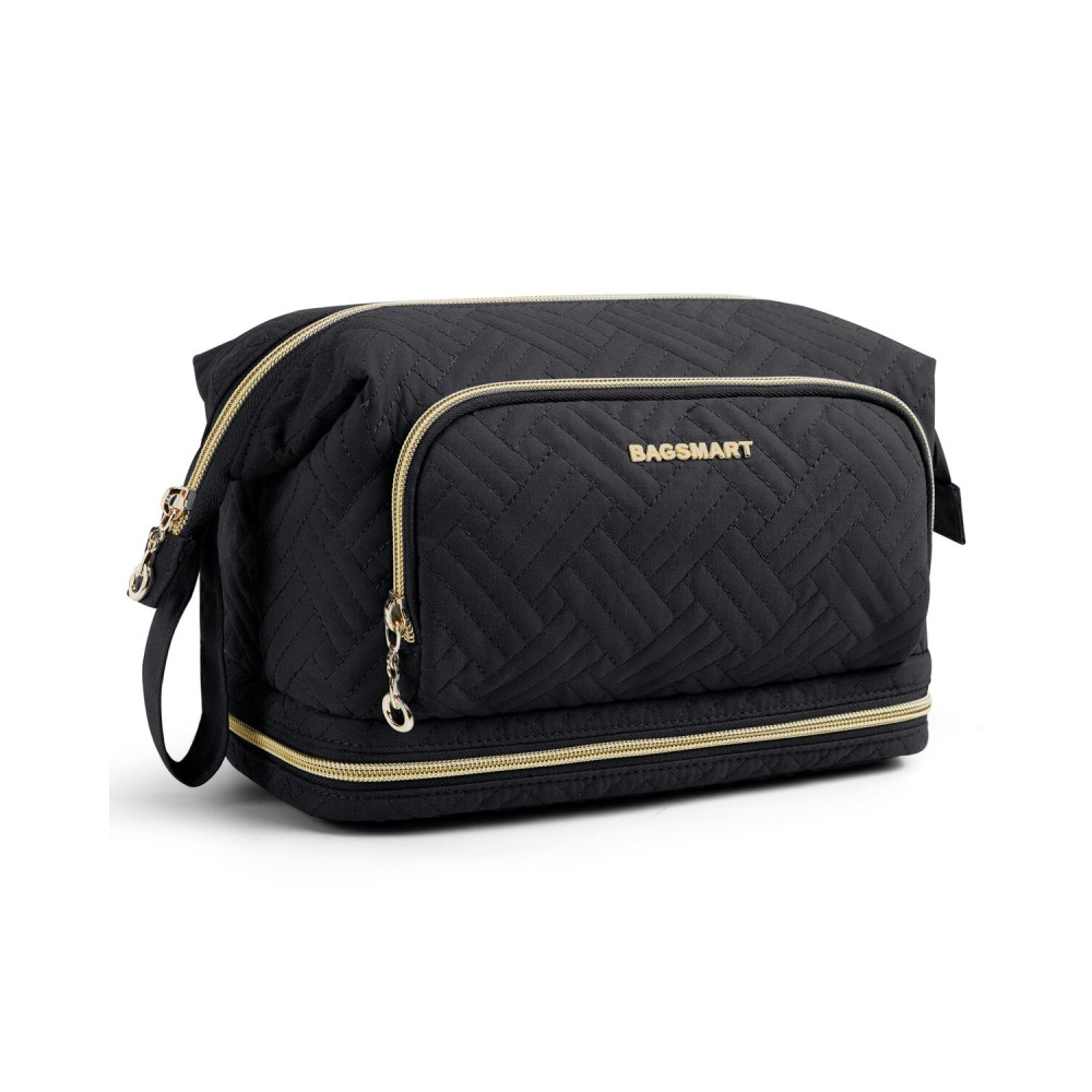 BAGSMART Travel Makeup Bag, Cosmetic Bag Make Up Organizer Case, Large Wide-open Pouch for Women Double Layers Purse for Toiletries Accessories Brushes Black