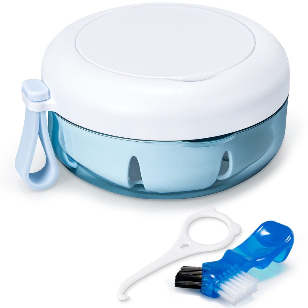 Netceem Leak Proof Denture Cup Kit Portable Retainer Case Perfect for Travel, Denture Case Container Cleaning Care for Dentures Aligner Mouth Guard with Denture Brush,Strainer, Removal Tool and Mirror