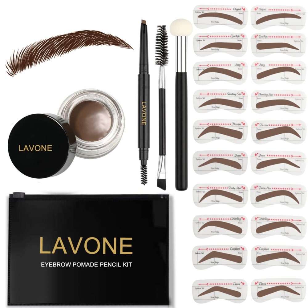 Eyebrow Stamp Stencil Kit ,Brow Stamp Trio Kit with Waterproof Eyebrow Pencil, Eyebrow Pomade, 20 Eyebrow Stencils, Dual-ended Eyebrow Brush and Sponge Applicator - Dark Brown