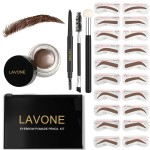Eyebrow Stamp Stencil Kit ,Brow Stamp Trio Kit with Waterproof Eyebrow Pencil, Eyebrow Pomade, 20 Eyebrow Stencils, Dual-ended Eyebrow Brush and Sponge Applicator - Dark Brown