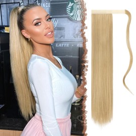 FESHFEN Ponytail Extensions - 24 Inch Long Straight Gloden Blonde Wrap Around Synthetic Ponytails Hair Piece Pony Tail Hair Extensions Hairpieces for Women