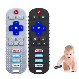 2-Pack Baby Remote Control Teether Toy for Babies 0-18 Months Silicone Infant Teething Toys Boys Girls Infants Teething Toys (Black + Gray)