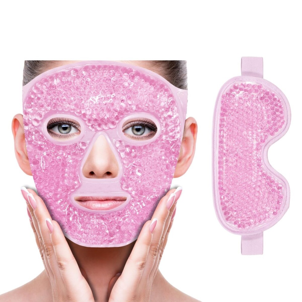 ZNCUETD Face Eye Mask Ice Pack for Reducing Puffiness, Bags Under Eyes, Puffy Dark Circles, Migraine,Hot/Cold Pack with Soft Plush Backing (Pink-(1*Eye Mask+1*Face Mask))