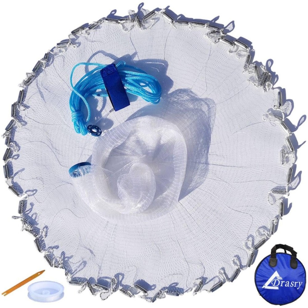 Drasry Saltwater American Fishing Cast Net 3/8inch Mesh Size for Bait Shrimp Trap Fish Heavy Duty Sinkers Throw Net 3FT to 12FT Radius 7FT Radius