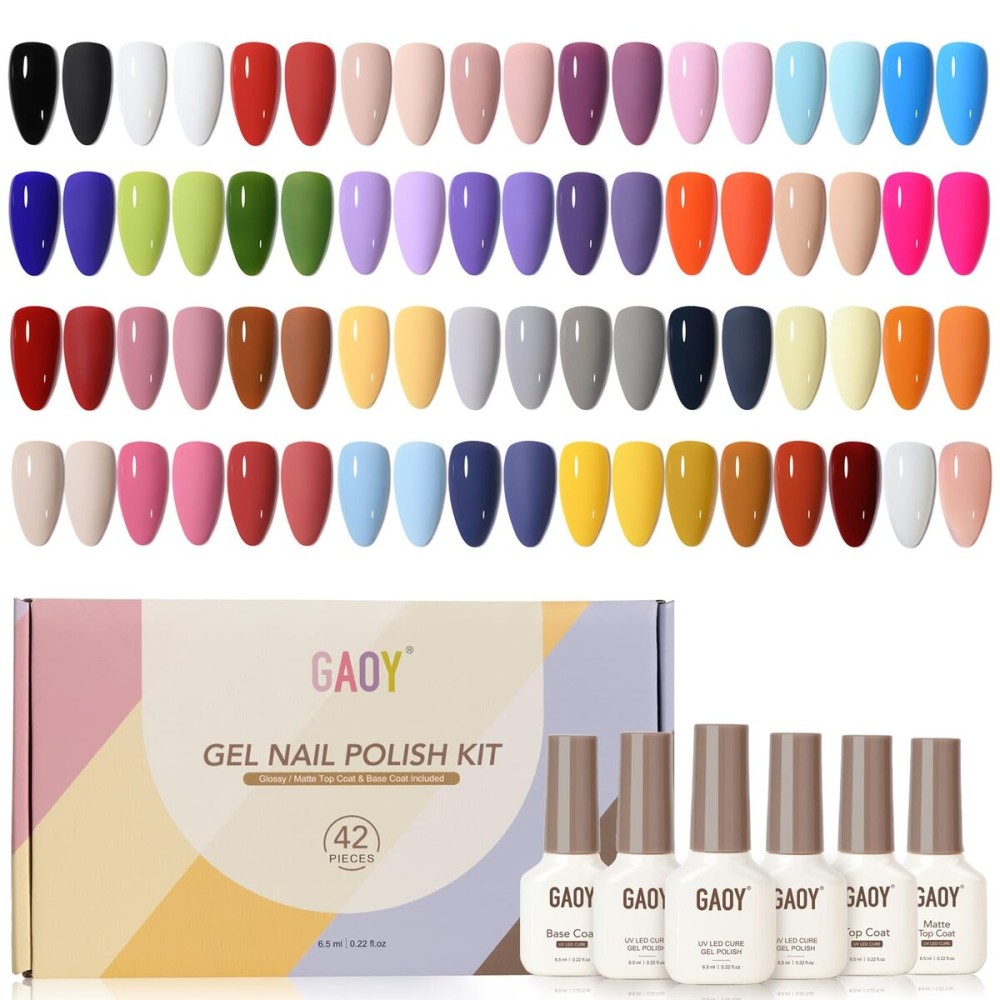 GAOY 42 Pcs Gel Nail Polish Kit, Pink White Red Jelly Nude Colors All Seasons Gel Nail Polish Set with Glossy & Matte Top Coat and Base Coat for Salon and DIY Manicure at Home