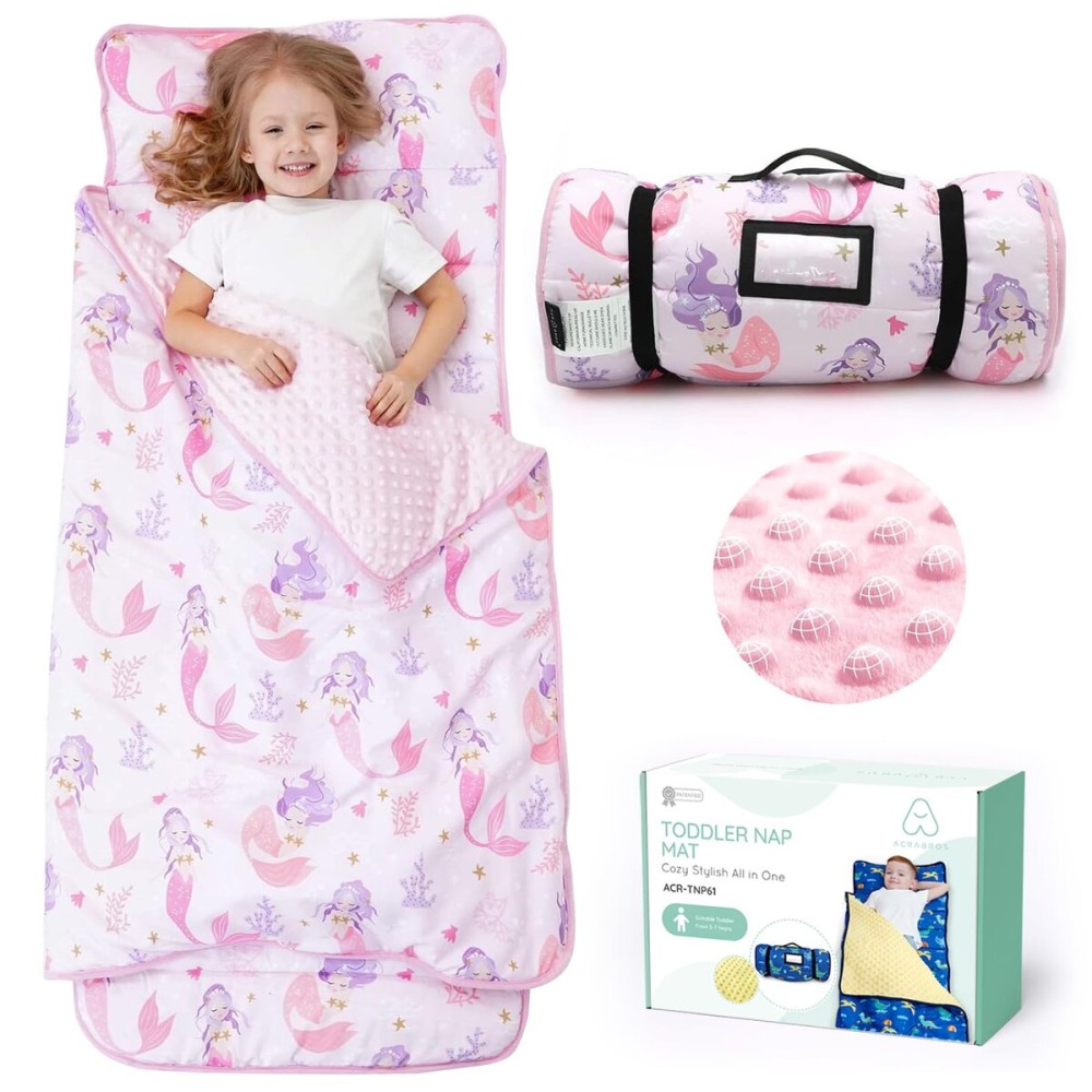 ACRABROS Toddler Nap Mat with Pillow and Blanket, Extra Large Rolled Napping Mats,Slumber Bags for Boys Girls,Kids Sleeping Bag for Daycare, Preschool Travel Camping,Mermaid