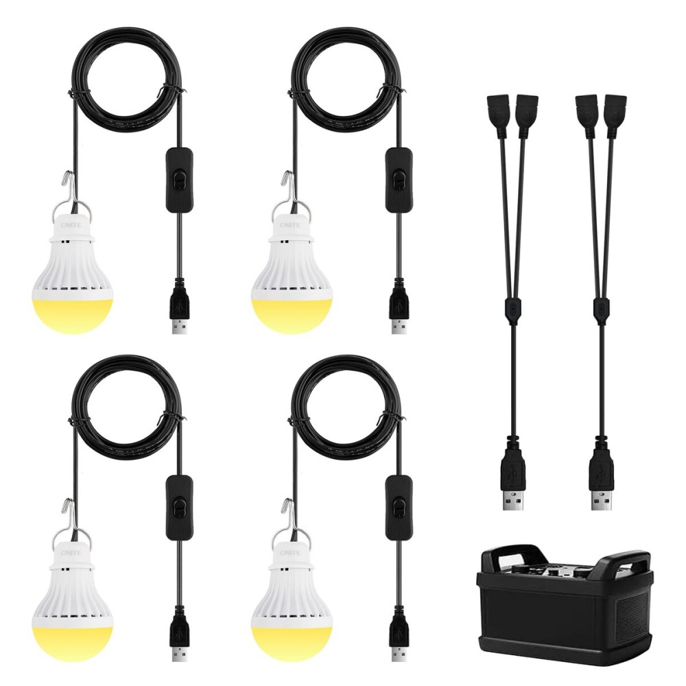 Onite USB LED Light Bulb, Emergency Backup Lighting for Camping, Garage, Power Outage Preparedness, for Portable Power Station & Solar Panel, Outdoor Lantern with Hook & 8.4ft Cord, Warm White (4)