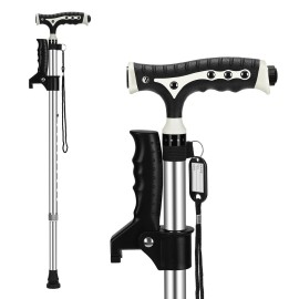 Hold 440 Lbs Walking Cane for Men & Women Aluminum Alloy Lightweight Height Adjustable Walking Stick Heavy Duty Foldbale Free Standing Cane with LED for Seniors Adults Black