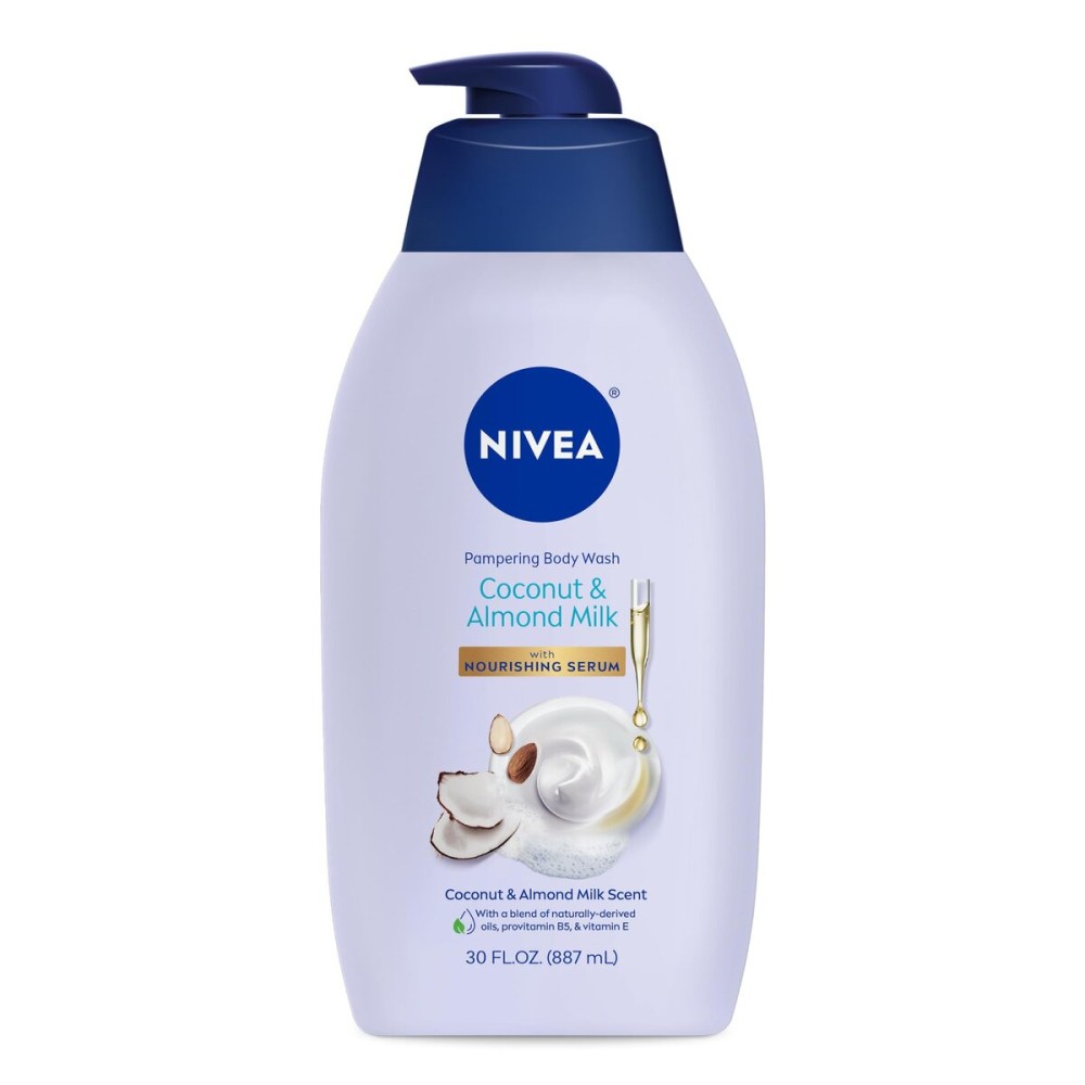 NIVEA Pampering Coconut and Almond Milk Body Wash with Nourishing Serum, Moisturizing Body Wash for Women, Enriched with Provitamin B5 and Vitamin E, 30 Fl Oz Bottle