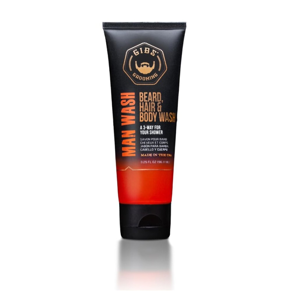 GIBS Grooming 3 in 1 Man Wash Body Wash for Men - Beard & Hair Moisturizing, & Cleansing Liquid Body Wash - Sulfate & Paraben Free - 3.25oz Travel Size