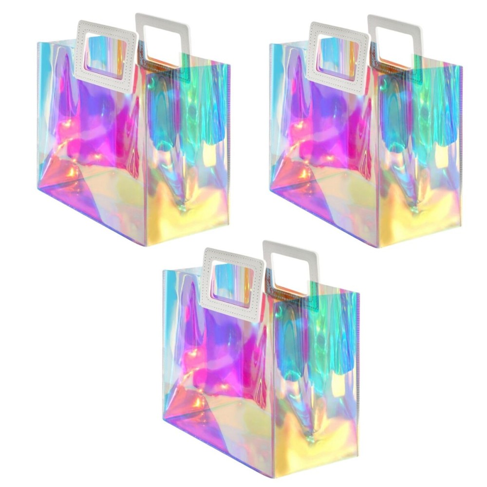 VUOJUR 3pcs Holographic Large Gift Bags 12.8x11.6x5.7\'\' Clear Reusable Birthday Gift Bags for Women Girl Iridescent Christmas Gift Bags with Handle