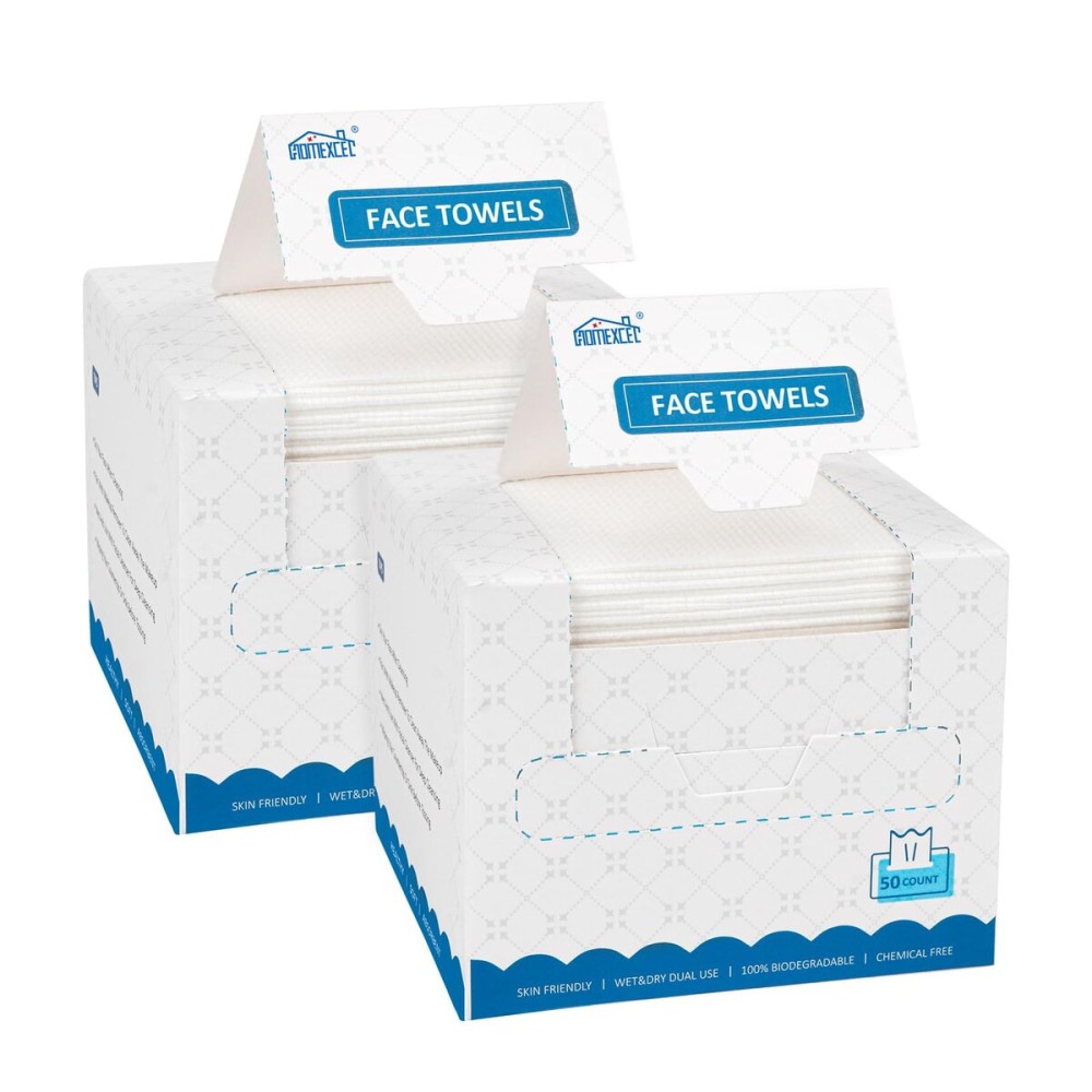 HOMEXCEL Face Towels, 100 Count (2 Box) Disposable Face Towelettes, Biodegradable Makeup Remover Dry Wipes, Super Soft Clean Facial Towels Wash Cloth for Sensitive Skin