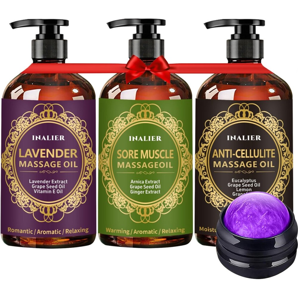 Massage Oil for Massage Therapy,3 Pack Cellulite,Sore Muscle & Lavender Massage Body Oil & Ginger Oil Lymphatic Drainage with Massage Ball,Christmas Gifts for Him/Her,Stocking Stuffers for Men/Women