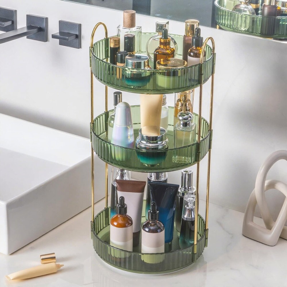INVSSENE 360 Rotating Makeup Organizer, Bathroom Make Up Spinning Holder Rack, Large Capacity Cosmetics Storage Vanity Shelf Countertop, Fits Cosmetics, Perfume, Skincare(3 Tiers, Green)