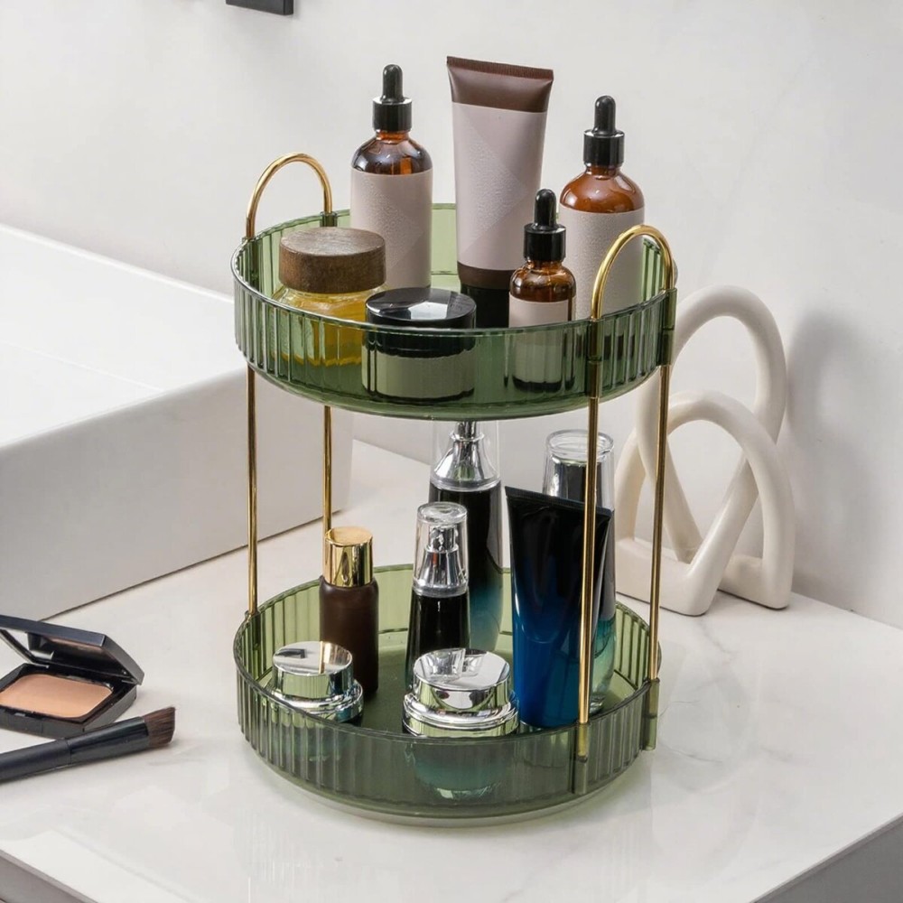 INVSSENE 360 Rotating Makeup Organizer, Bathroom Make Up Spinning Holder Rack, Large Capacity Cosmetics Storage Vanity Shelf Countertop, Fits Cosmetics, Perfume, Skincare, Lipsticks(2 Tiers, Green)