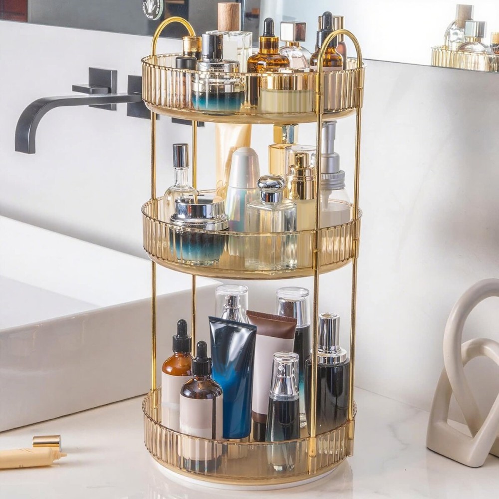 INVSSENE 360 Rotating Makeup Organizer, Yellow, Unisex, 3 Tier Countertop Storage, Fits Cosmetics, Perfume, Skincare, Lipsticks