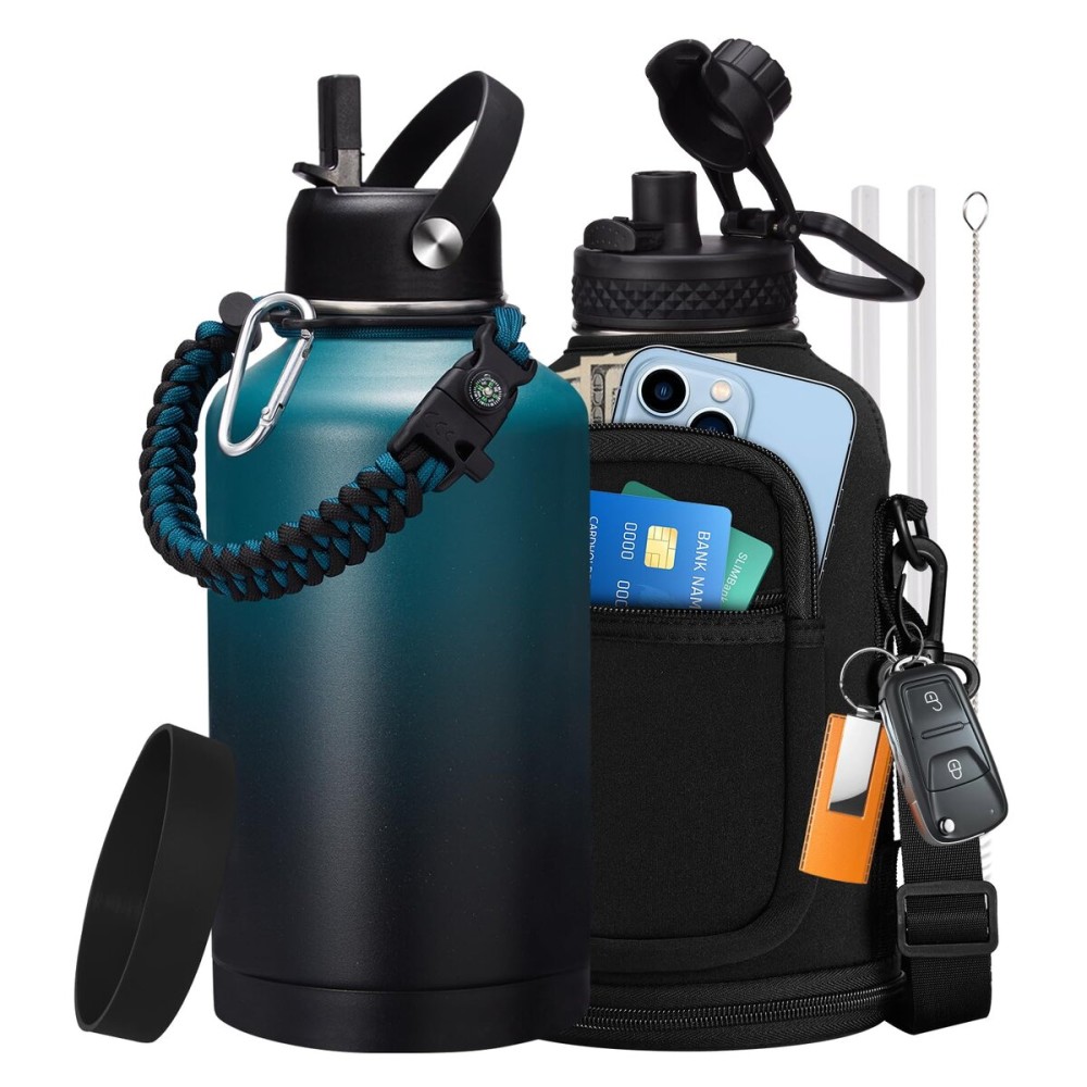 Insulated Water Bottle with Straw - 64oz Stainless Steel Water Bottles with Paracord Handle, 1/2 Gallon Big Water Jug Vacuum Insulated Waterbottle Metal Flask Reusable Double Wall Sport Bottle