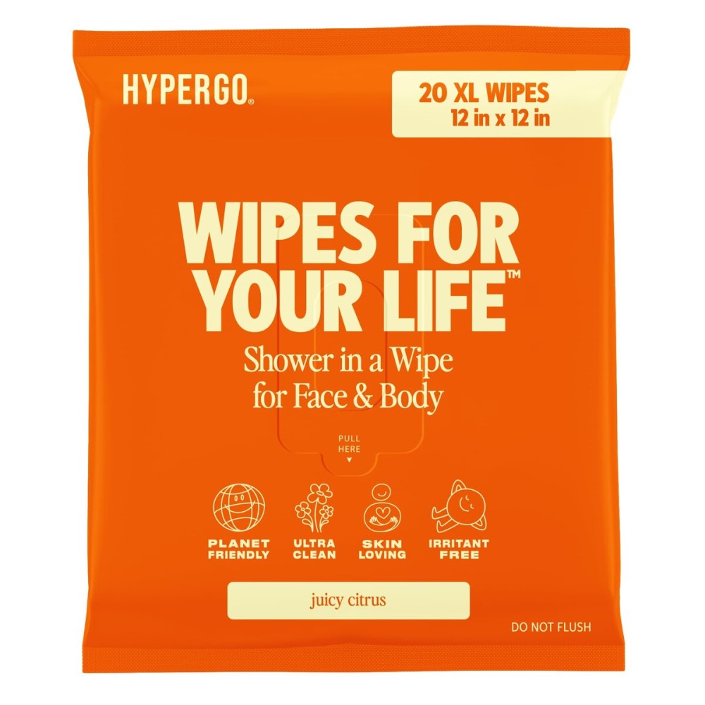 HyperGo XL Body Wipes for Women & Men - 12 x12 Rinse-Free Full Body Cleansing Wipes 20 Count Pack - Citrus | Biodegradable, Hypoallergenic, Aloe-Infused | Gym, Festival, Camping Essentials