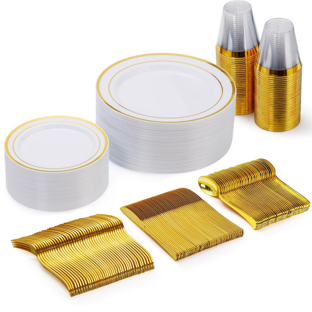 Goodluck 150 Pieces Gold Disposable Plates for 25 Guests, Plastic Party, Wedding, Dinnerware Set of Dinner Plates, Salad Spoons, Forks, Knives, Cups