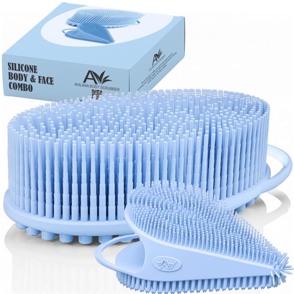 Body Face Scrubber Set Silicone - 2 Pack Shower Brush Facial Cleansing Kit - Avilana Bath Loofah Alternative Complete Skincare System Dual Sided - Gift Set Women Men