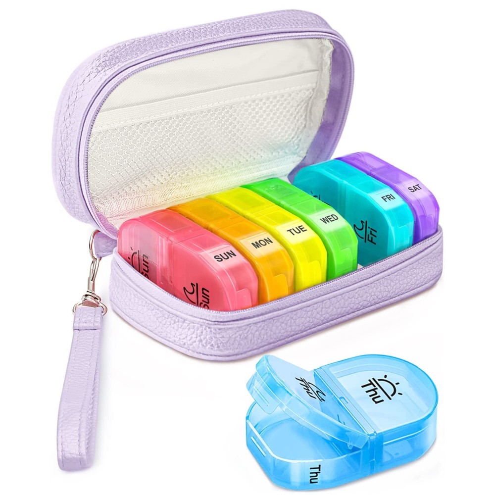AMOOS Cute Pill Organizer 2 Times a Day, PU Leather Pill Case for Women, Portable Weekly Pill Box for Purse with Storage Bag to Hold Vitamins, Medications, Fish Oils, Supplements (Purple)