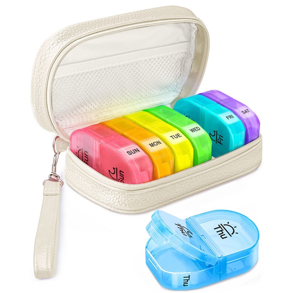 AMOOS Cute Pill Organizer 2 Times a Day, PU Leather Pill Case for Women, Portable Weekly Pill Box for Purse with Storage Bag to Hold Vitamins, Medications, Fish Oils, Supplements (Beige)